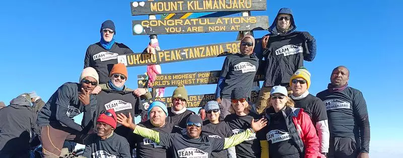 A group of TK climbers on the summit of Uhuru Peak, 5,895m.