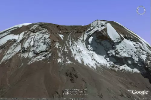 Oblique satellite image of Kilimanjaro's Western Breach with visible snow patches and breach outline