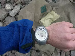 Close-up of John's wristwatch showing the altitude of the second impact in 2006 on the Western Breach