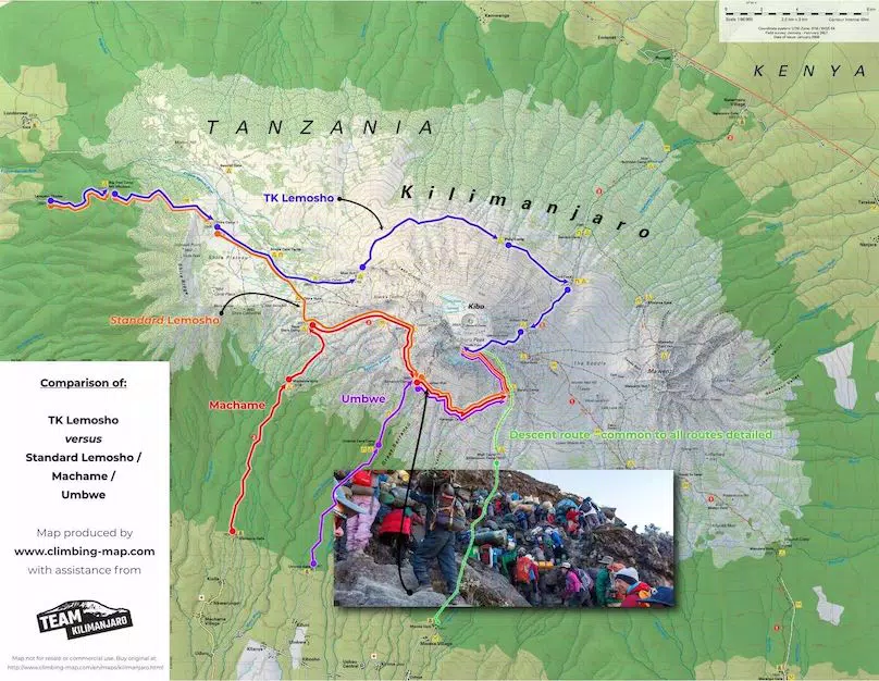 A comparison of the Lemosho, Machame, and Umbwe routes compared with Team Kilimanjaro's proprietary Lemosho Route