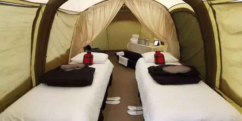 Twin beds with cotton sheets and duvets in a Hemingway tent